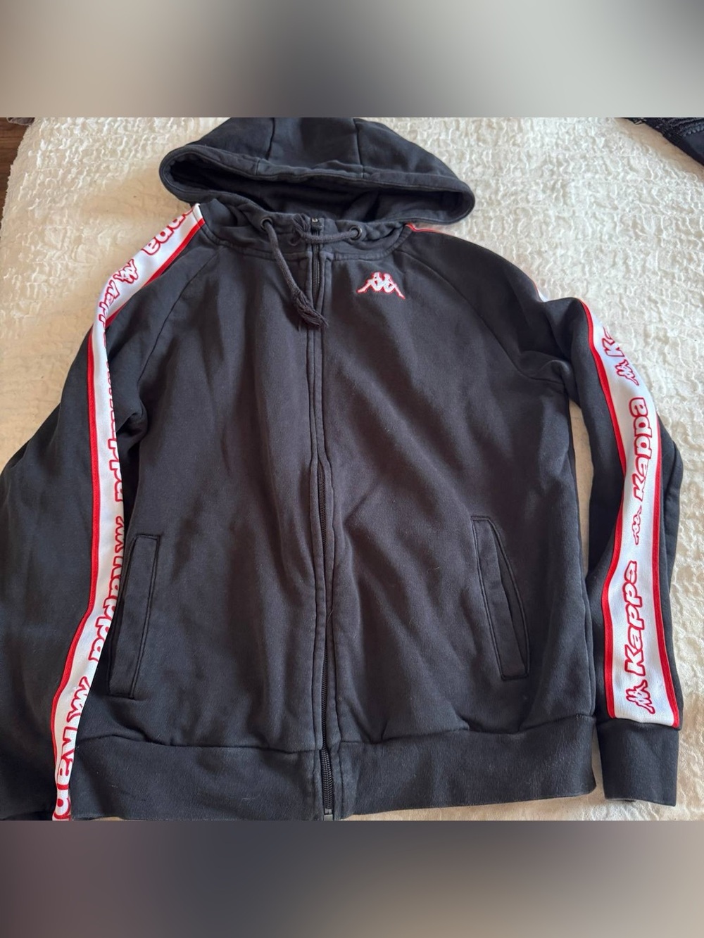 Kappa Black Hooded Zip Jacket with Red & White Sleeve Tape